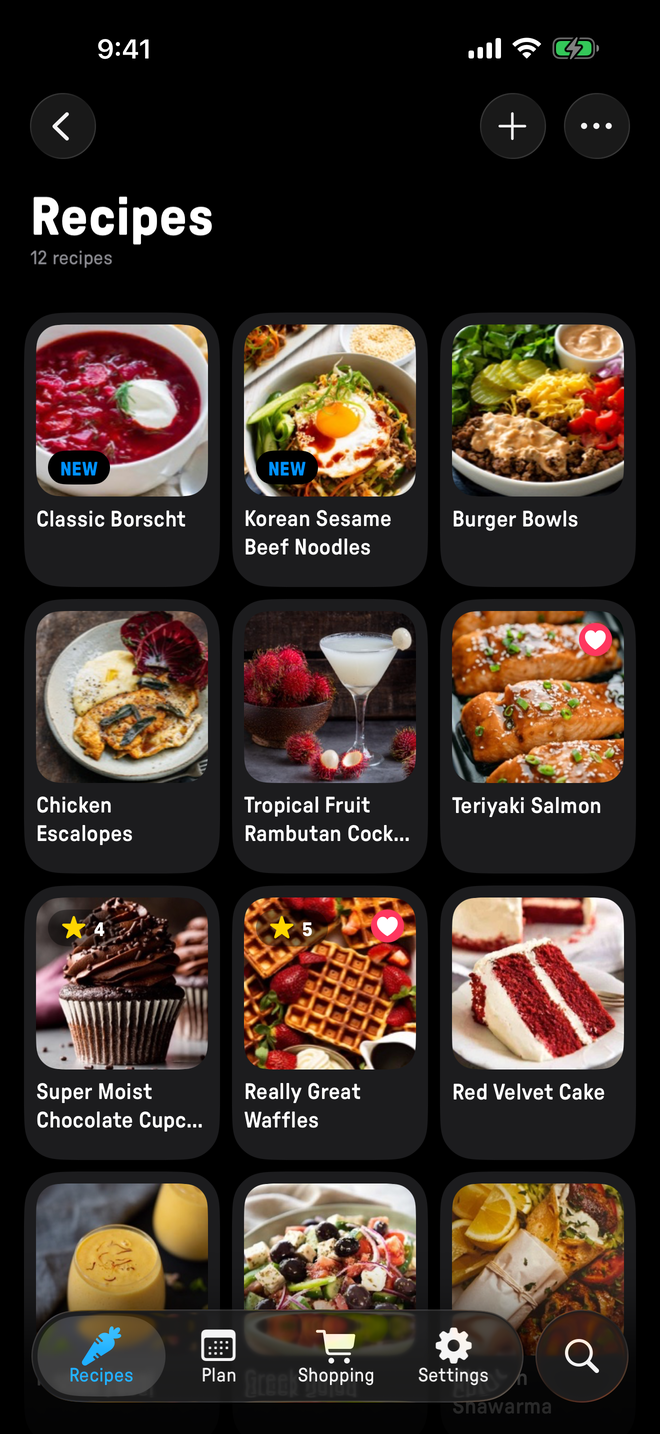 The recipe library list in Plate in dark mode.